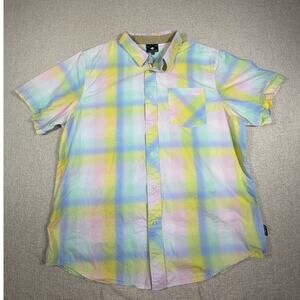 LRG Men 2XL Pink Blue Watercolor Print Button Front Shirt Short Sleeve Casual